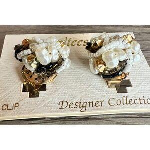 Ar'teest Designer Collection Clip On Earrings NOS Beaded Cluster Gold Faux Pearl